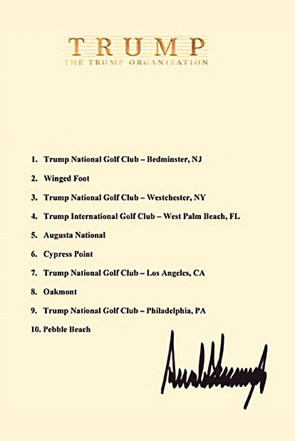 Donald Trump: 'Haben wir denselben Friseur?' (l. Doral 2013) 'Mein Haus, mein Auto, meine Golf Clubs' (r. Trumps Top Ten, 2006)